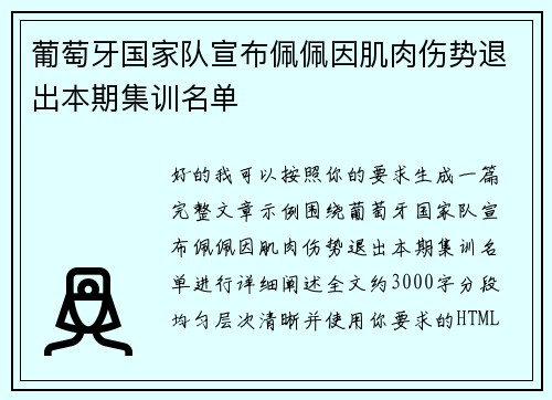 葡萄牙国家队宣布佩佩因肌肉伤势退出本期集训名单